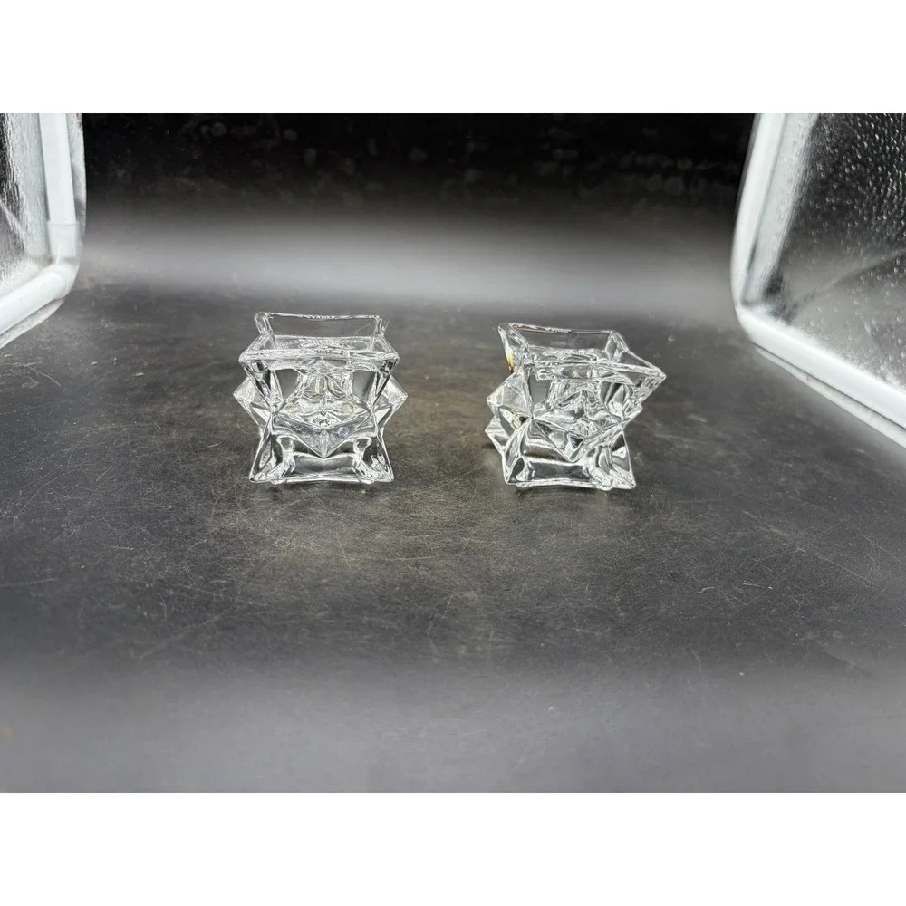 Vintage Geometric Clear Glass Star Candle Holders Set of 2 Taper Votive Pair